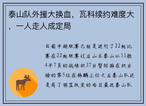泰山队外援大换血,瓦科续约难度大,一人走人成定局 泰山队外援大换血,瓦科续约难度大,一人走人成定局